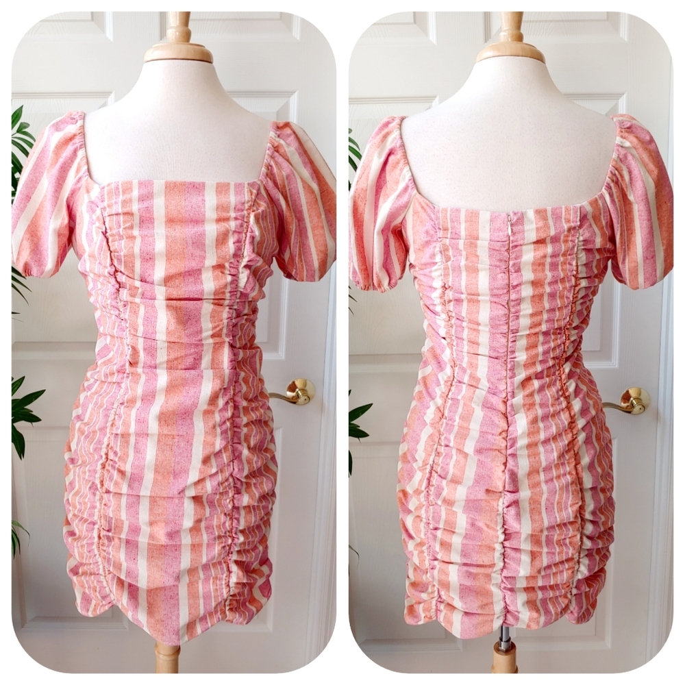 Vestique Multi Striped Puff Sleeve Ruched Dress